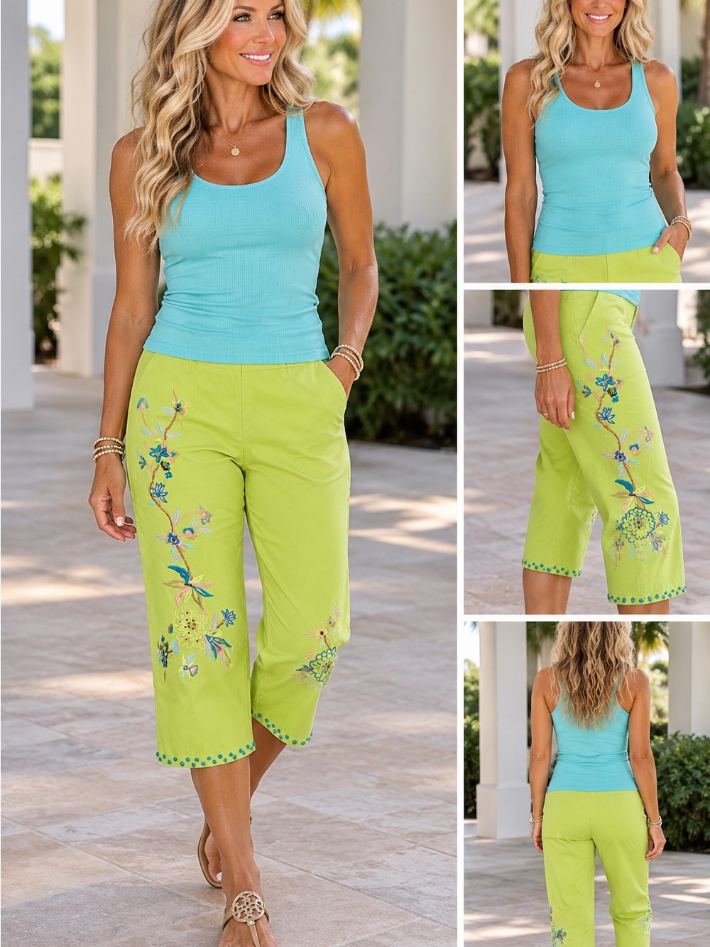 Boston Proper Lime Green Embroidered Capris with Turquoise Tank
